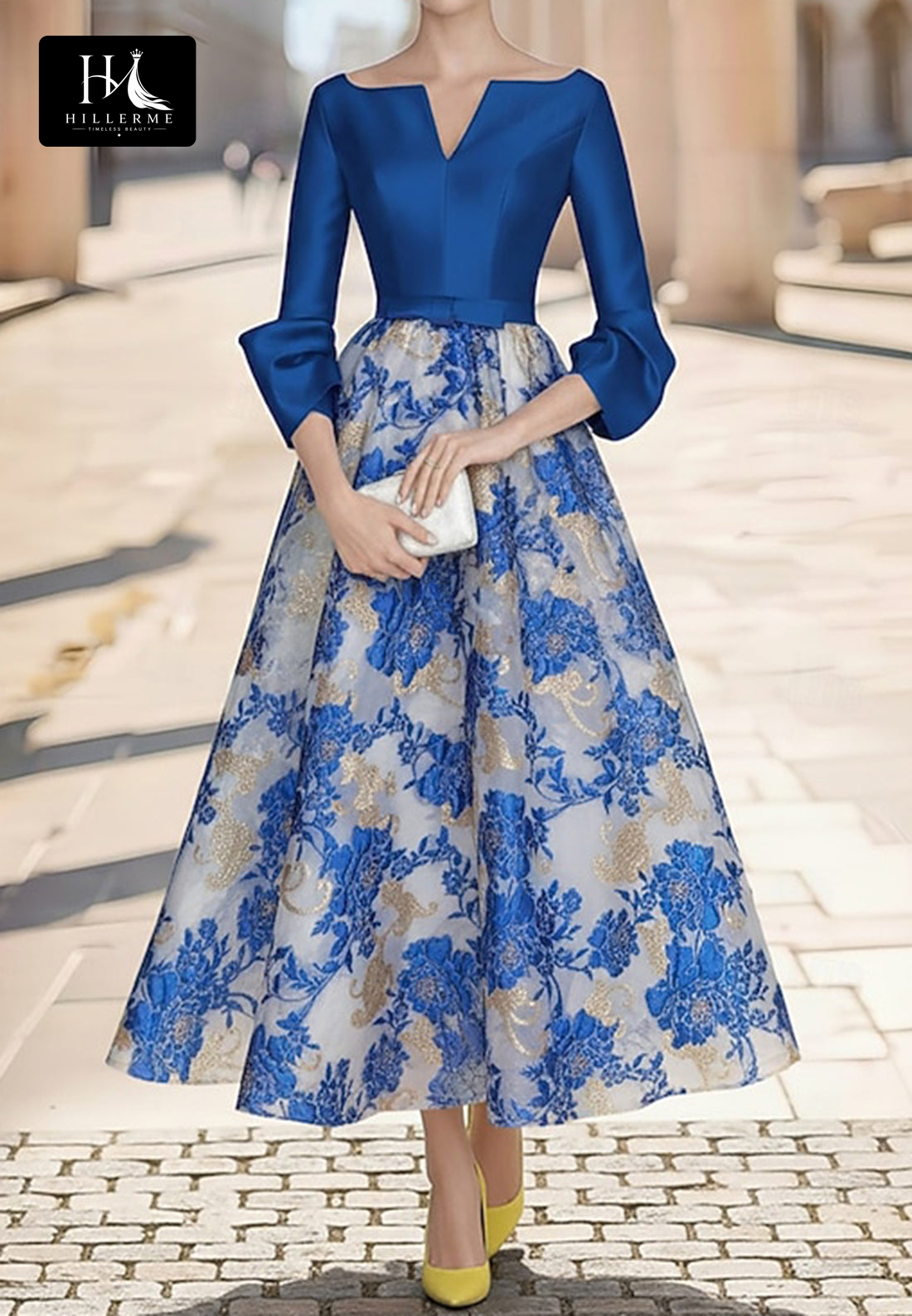 V-Neck Long-Sleeve A-Line Evening Gown with Rhinestone-Adorned Jacquard Satin for Mother of the Bride