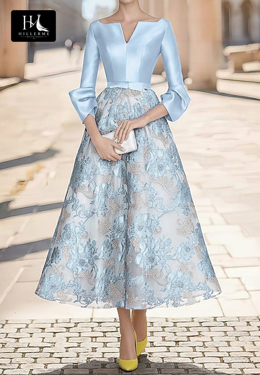 V-Neck Long-Sleeve A-Line Evening Gown with Rhinestone-Adorned Jacquard Satin for Mother of the Bride