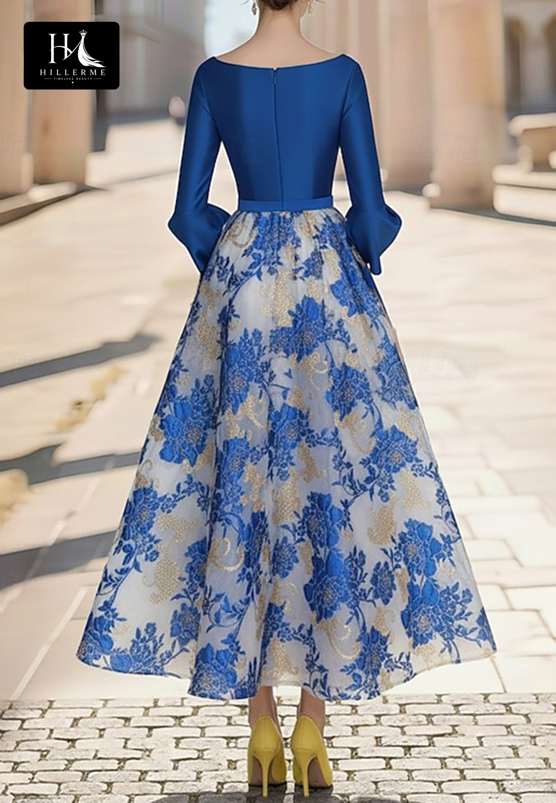 V-Neck Long-Sleeve A-Line Evening Gown with Rhinestone-Adorned Jacquard Satin for Mother of the Bride