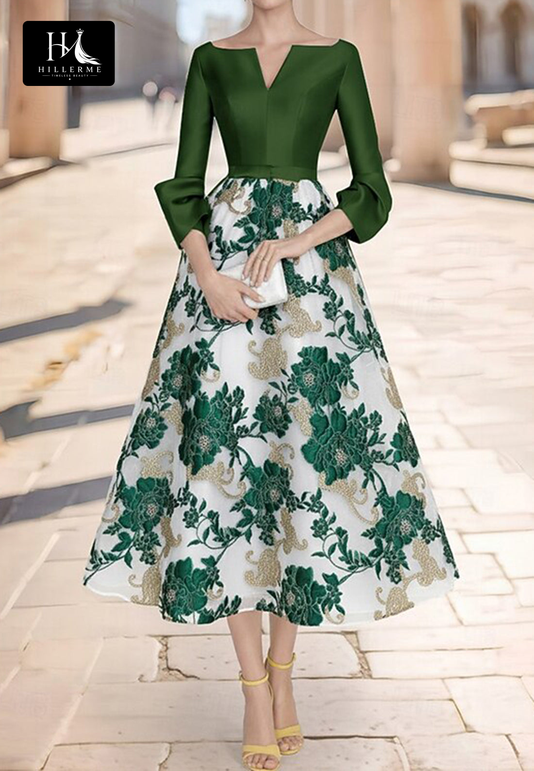 V-Neck Long-Sleeve A-Line Evening Gown with Rhinestone-Adorned Jacquard Satin for Mother of the Bride
