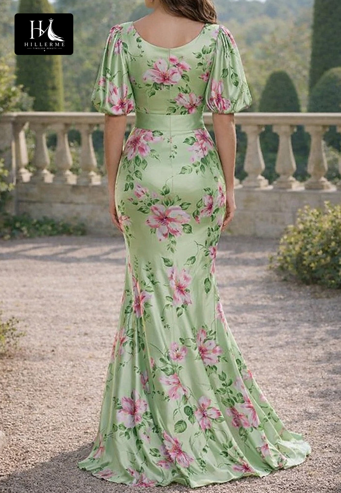 V-Neck Short Sleeve Mermaid Floor-Length Mother of the Bride Gown in Print Satin
