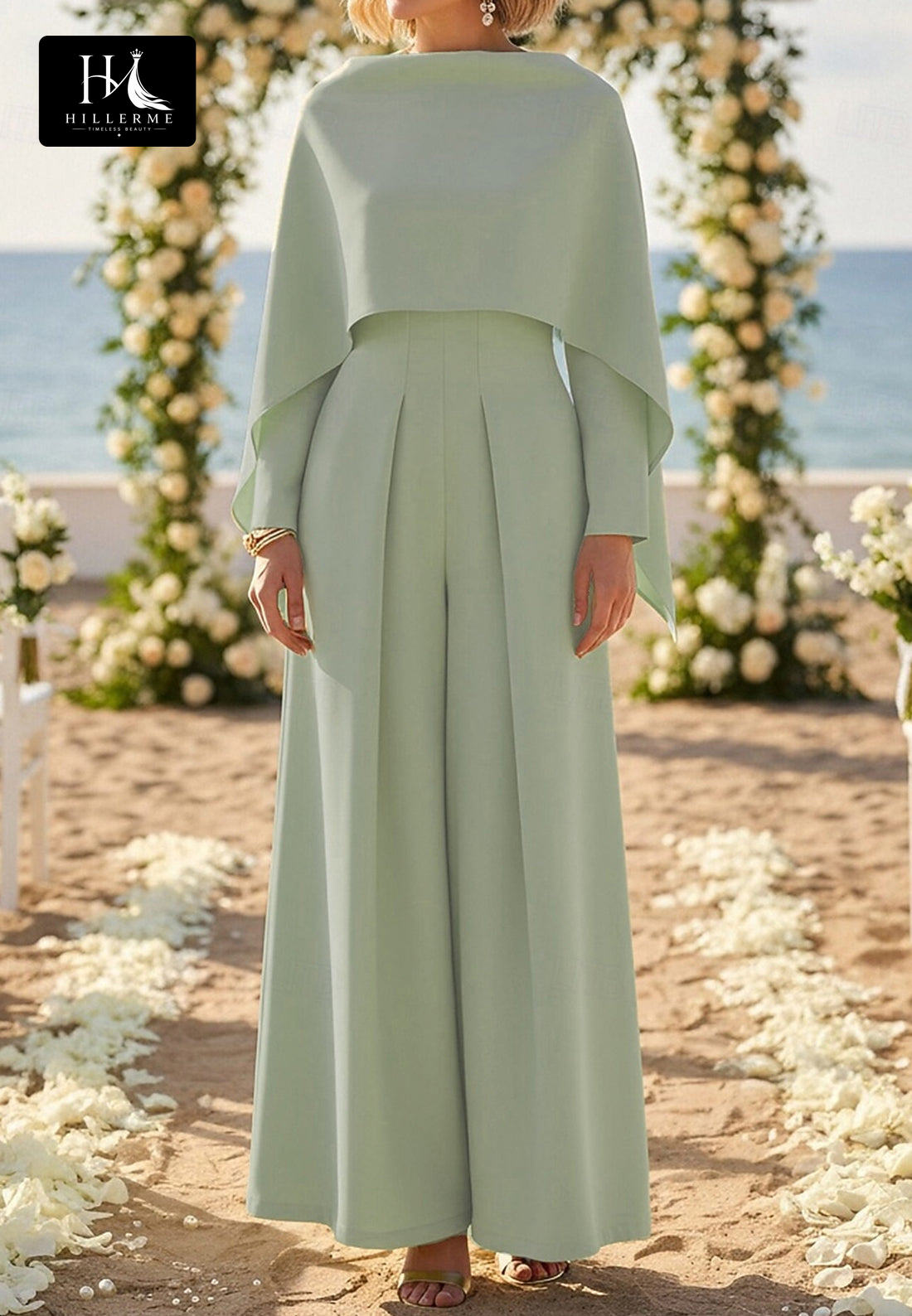Strapless Long-Sleeve Chiffon Jumpsuit with Pleated Overlay for Mother of the Bride