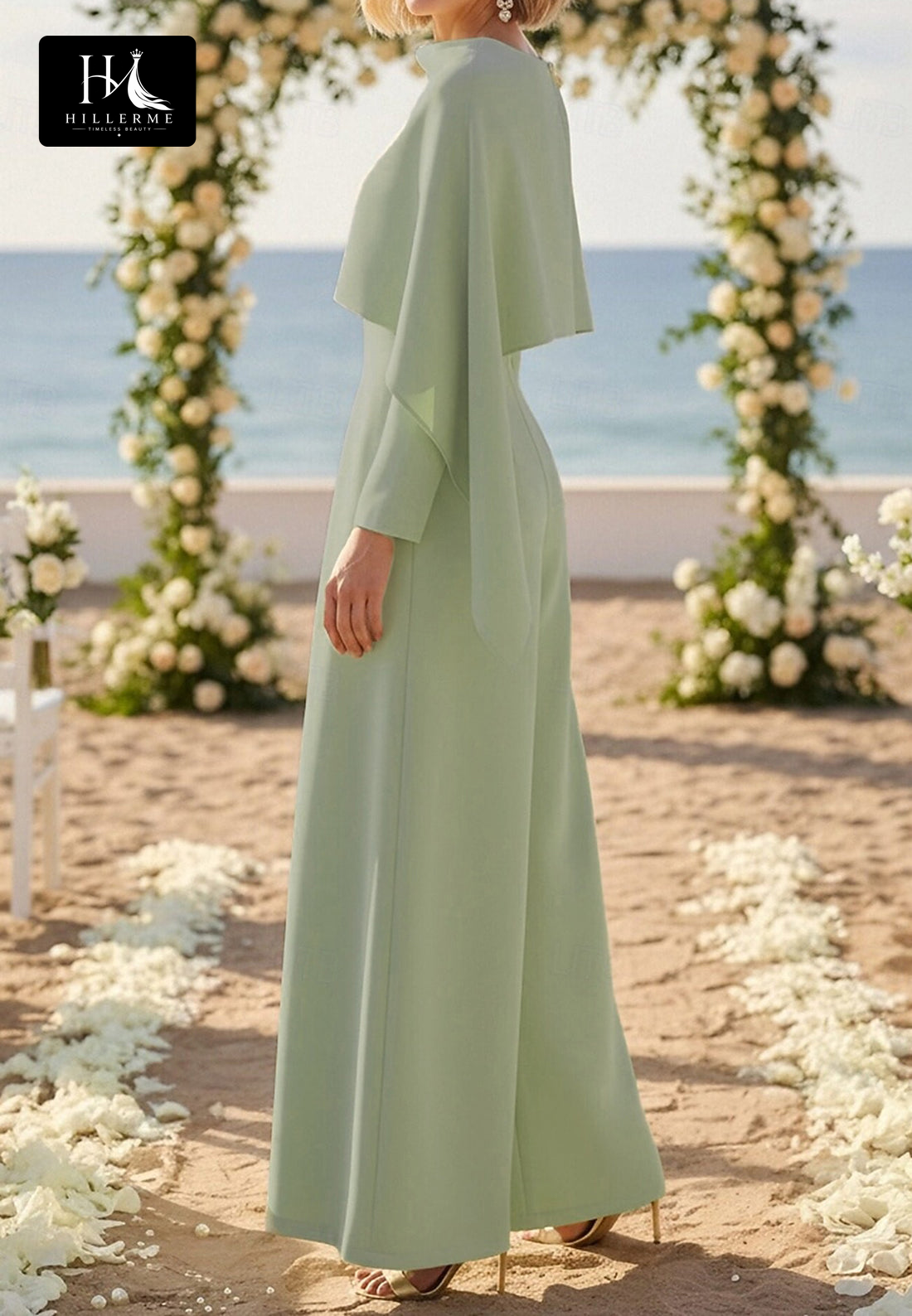 Strapless Long-Sleeve Chiffon Jumpsuit with Pleated Overlay for Mother of the Bride