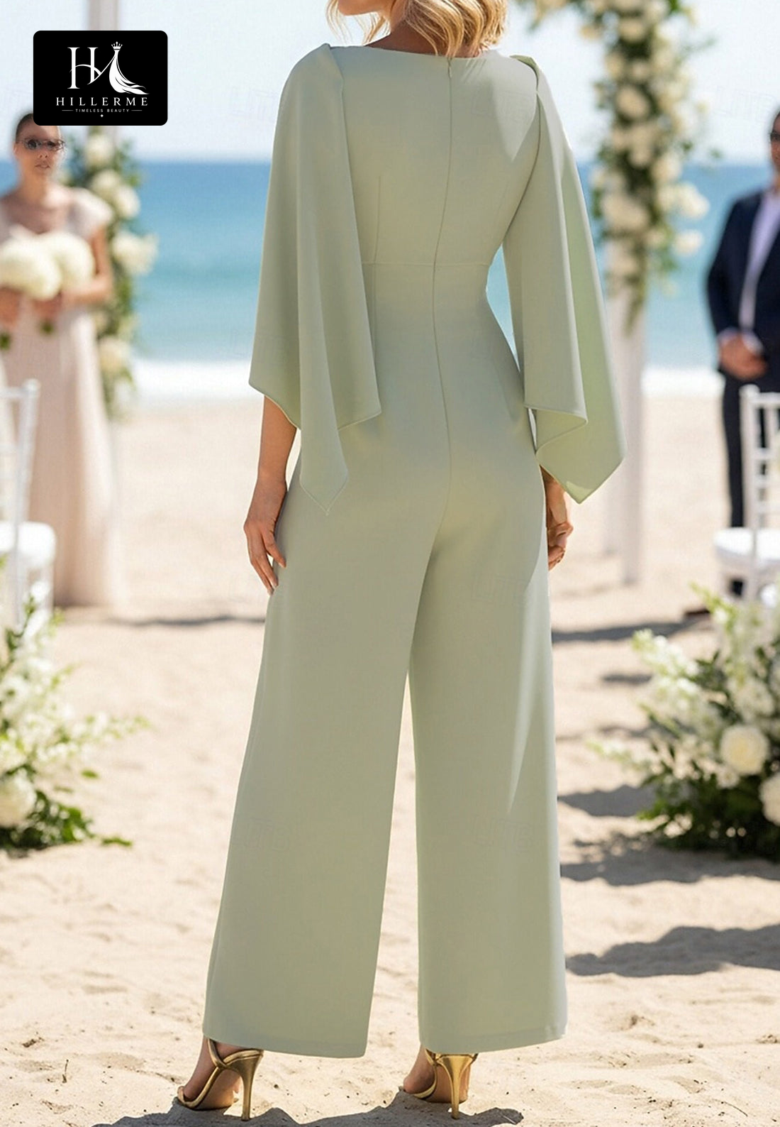 Strapless Long-Sleeve Chiffon Jumpsuit with Pleated Overlay for Mother of the Bride