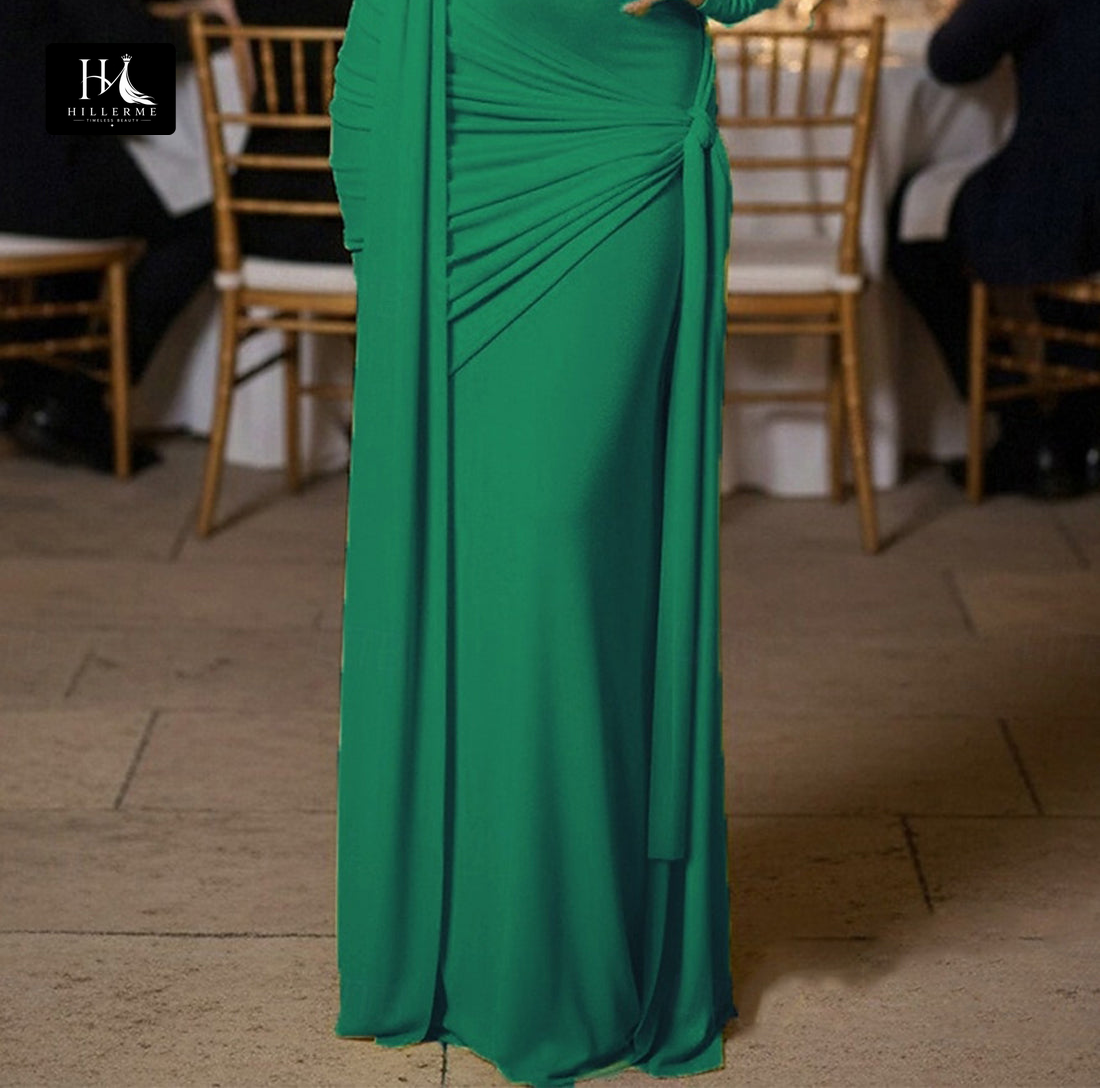 Mermaid Floor-Length Evening Gown with Bateau Neckline, Long Sleeves, and Chiffon Pleating for Mother of the Bride