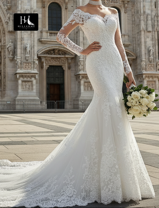 Sweetheart Mermaid Wedding Dress with Beaded Lace Appliqués, Long Sleeves and Train