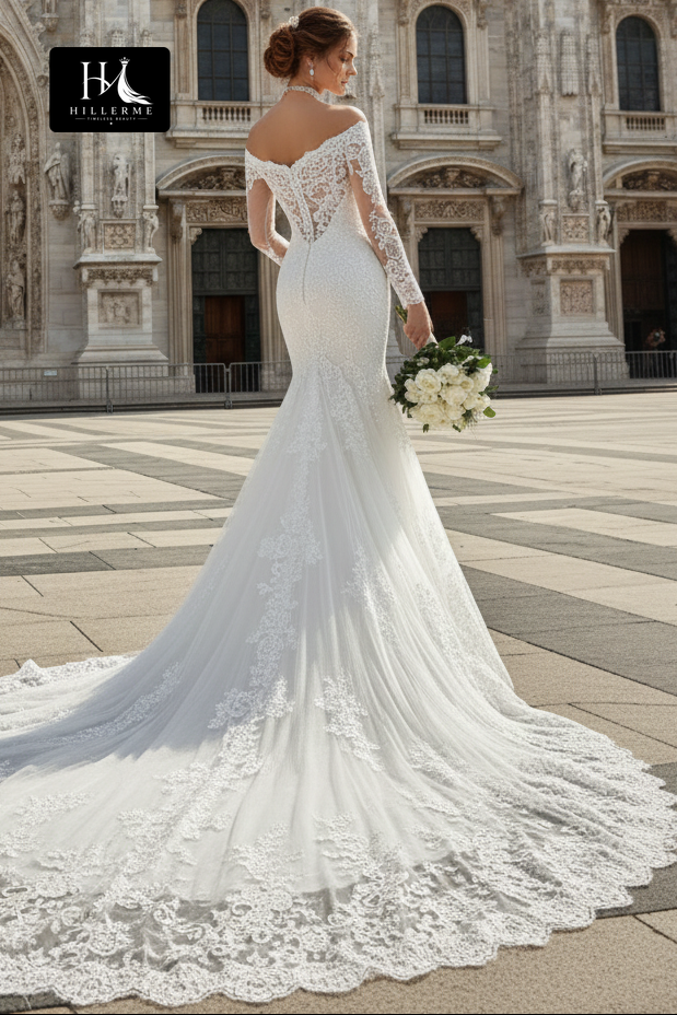 Sweetheart Mermaid Wedding Dress with Beaded Lace Appliqués, Long Sleeves and Train