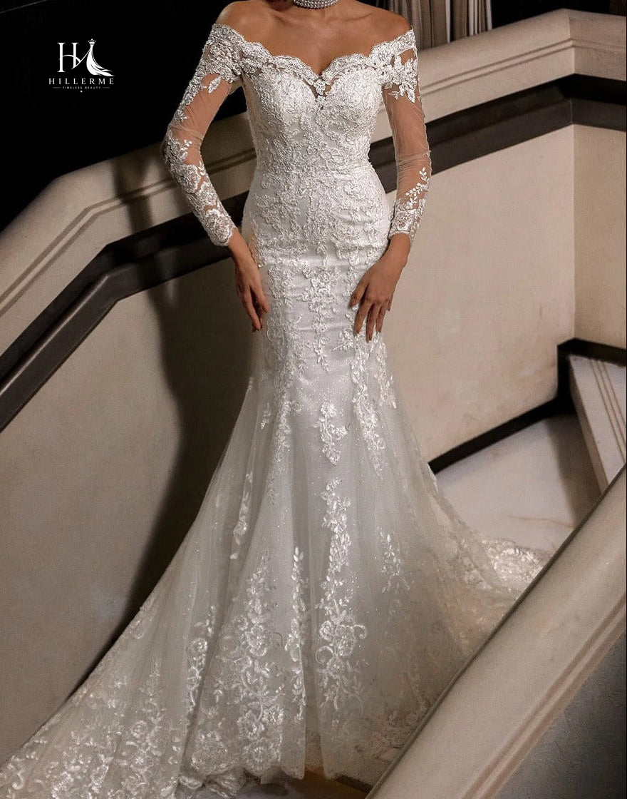 Sweetheart Mermaid Wedding Dress with Beaded Lace Appliqués, Long Sleeves and Train