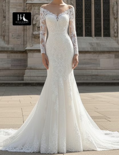 V-Neck Long-Sleeve Tulle Trumpet Mermaid Wedding Dress with Lace Appliqués and Train