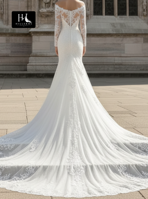 V-Neck Long-Sleeve Tulle Trumpet Mermaid Wedding Dress with Lace Appliqués and Train