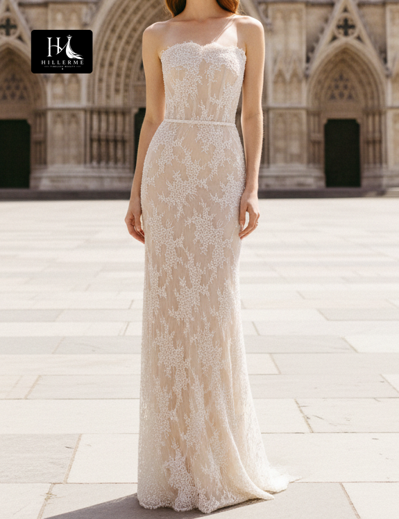 Strapless Tulle Mermaid Wedding Dress with Allover Lace Appliqués and Floor-Length Silhouette