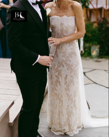 Strapless Tulle Mermaid Wedding Dress with Allover Lace Appliqués and Floor-Length Silhouette