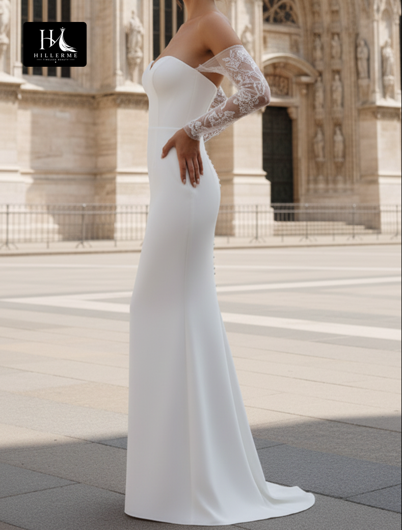 Sweetheart Mermaid Wedding Dress with Long Lace Sleeves and Floor-Length Satin Pleating