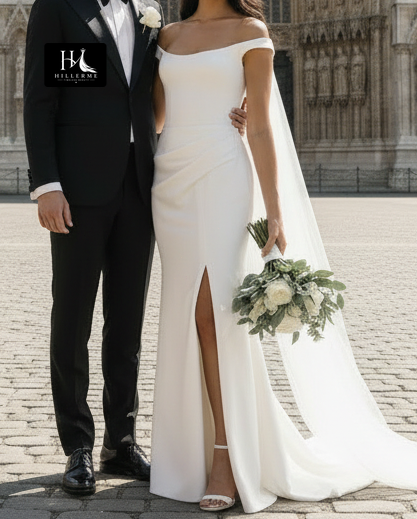 Sleek Off-Shoulder Bateau-Neck Satin Mermaid Floor-Length Wedding Dress