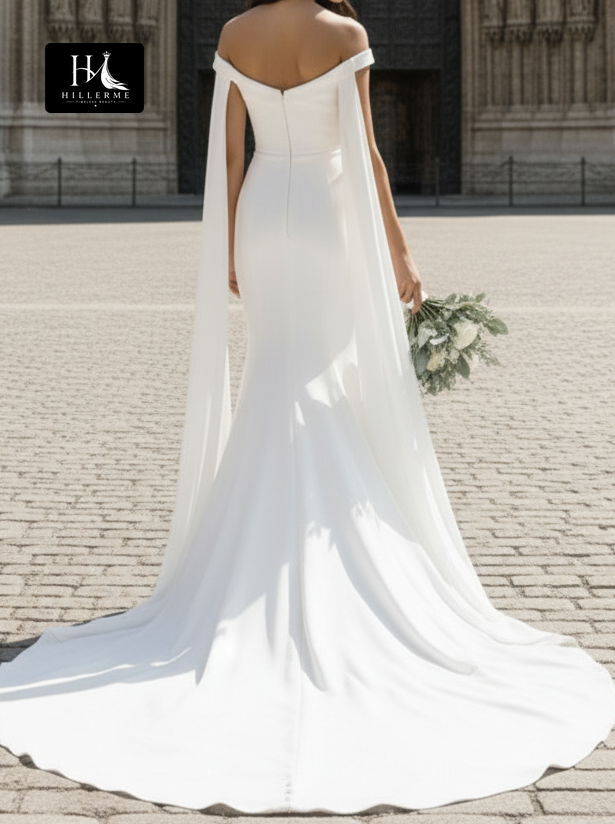 Sleek Off-Shoulder Bateau-Neck Satin Mermaid Floor-Length Wedding Dress