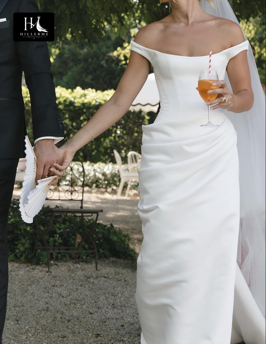 Sleek Off-Shoulder Bateau-Neck Satin Mermaid Floor-Length Wedding Dress