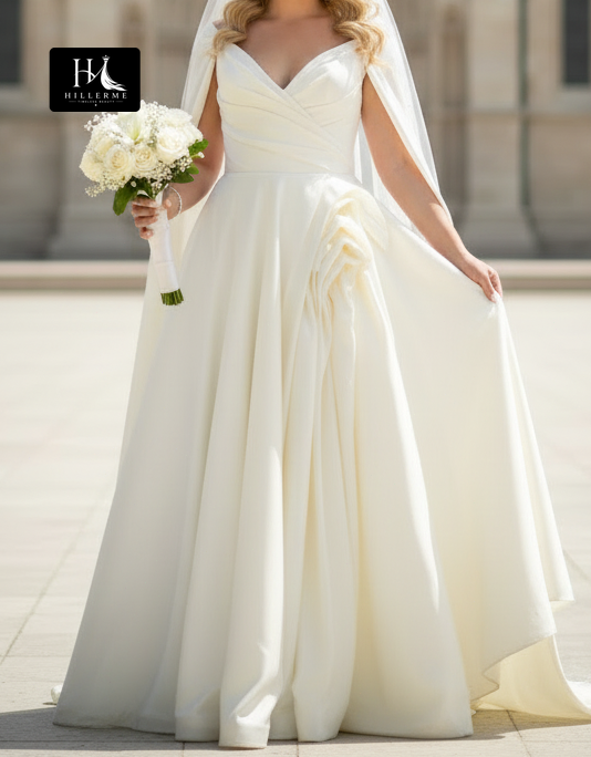 Sleeveless Off-Shoulder Satin A-Line Bridal Gown with Sweetheart Neckline and Train
