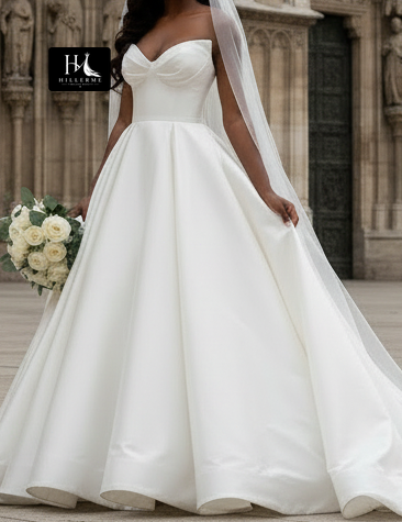 Sweetheart Off-Shoulder Satin Pleated A-Line Bridal Gown with Train