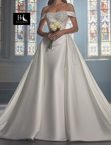 Sleeveless Beaded Satin A-Line Wedding Dress with Sweetheart Neckline and Train