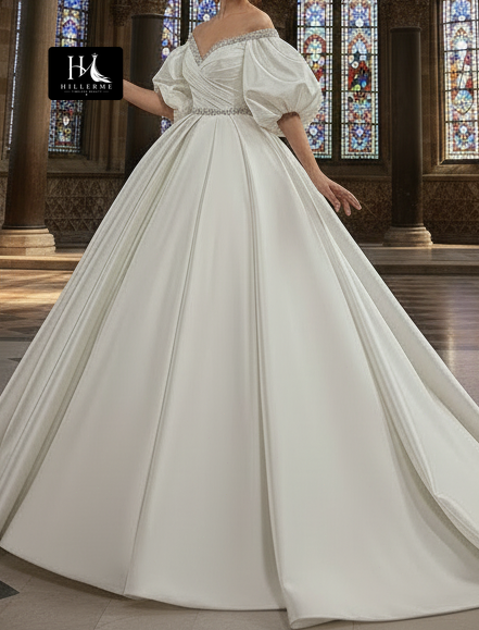 Pleated A-Line Beaded Satin Wedding Dress with V-Neck, Off-Shoulder Puff Sleeves and Train