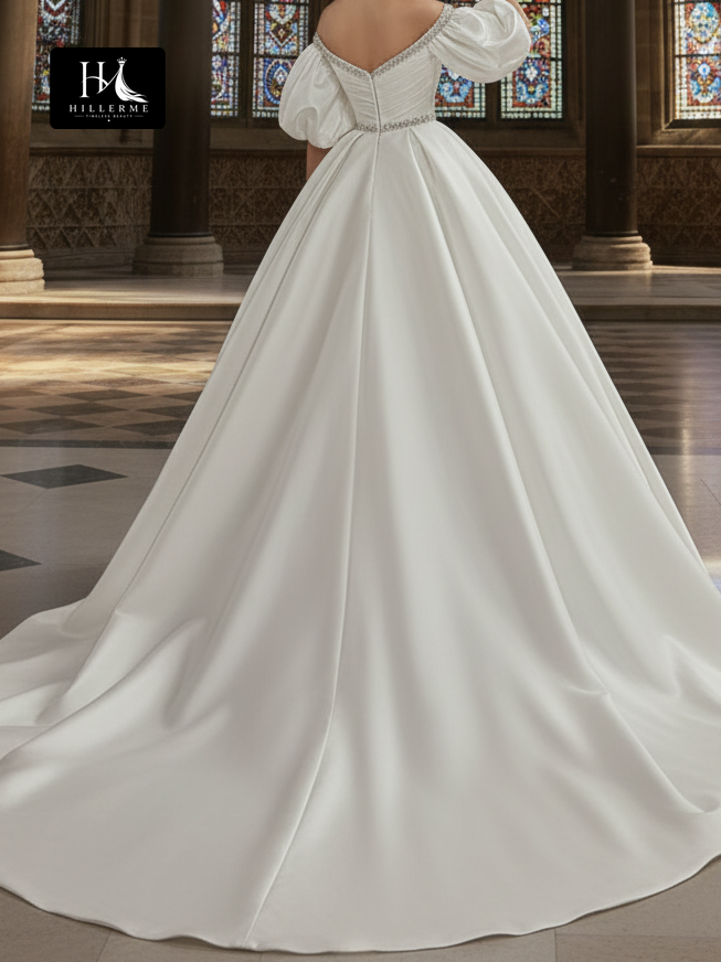 Pleated A-Line Beaded Satin Wedding Dress with V-Neck, Off-Shoulder Puff Sleeves and Train