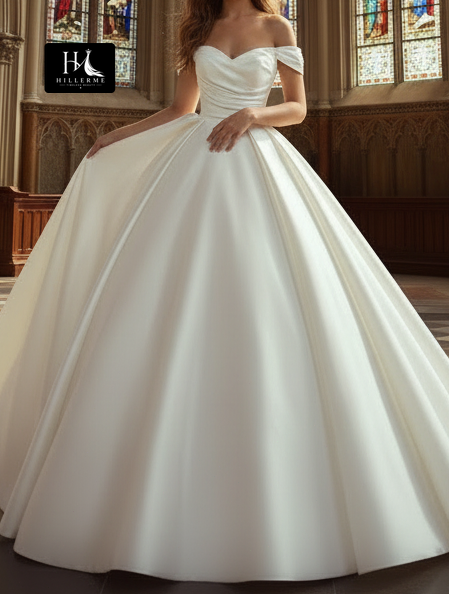 Satin Pleated Mermaid Wedding Dress with Sweetheart Off-Shoulder Neckline and Train