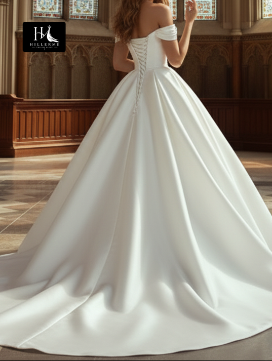 Satin Pleated Mermaid Wedding Dress with Sweetheart Off-Shoulder Neckline and Train