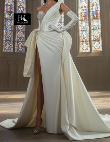 Asymmetrical-Neck Beaded Sequined Satin Mermaid Wedding Dress with Gloves