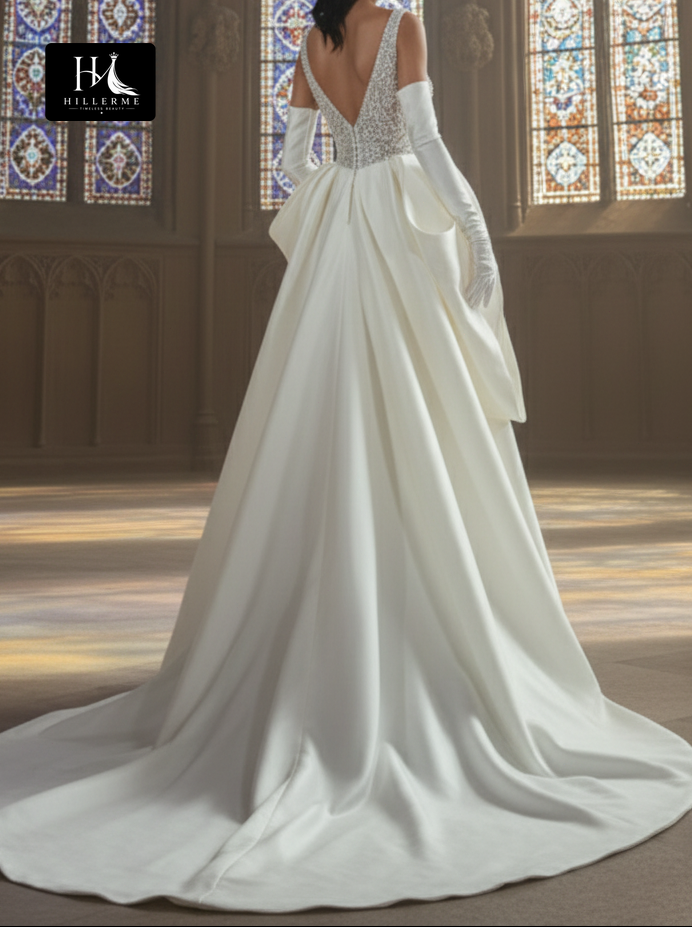 Asymmetrical-Neck Beaded Sequined Satin Mermaid Wedding Dress with Gloves