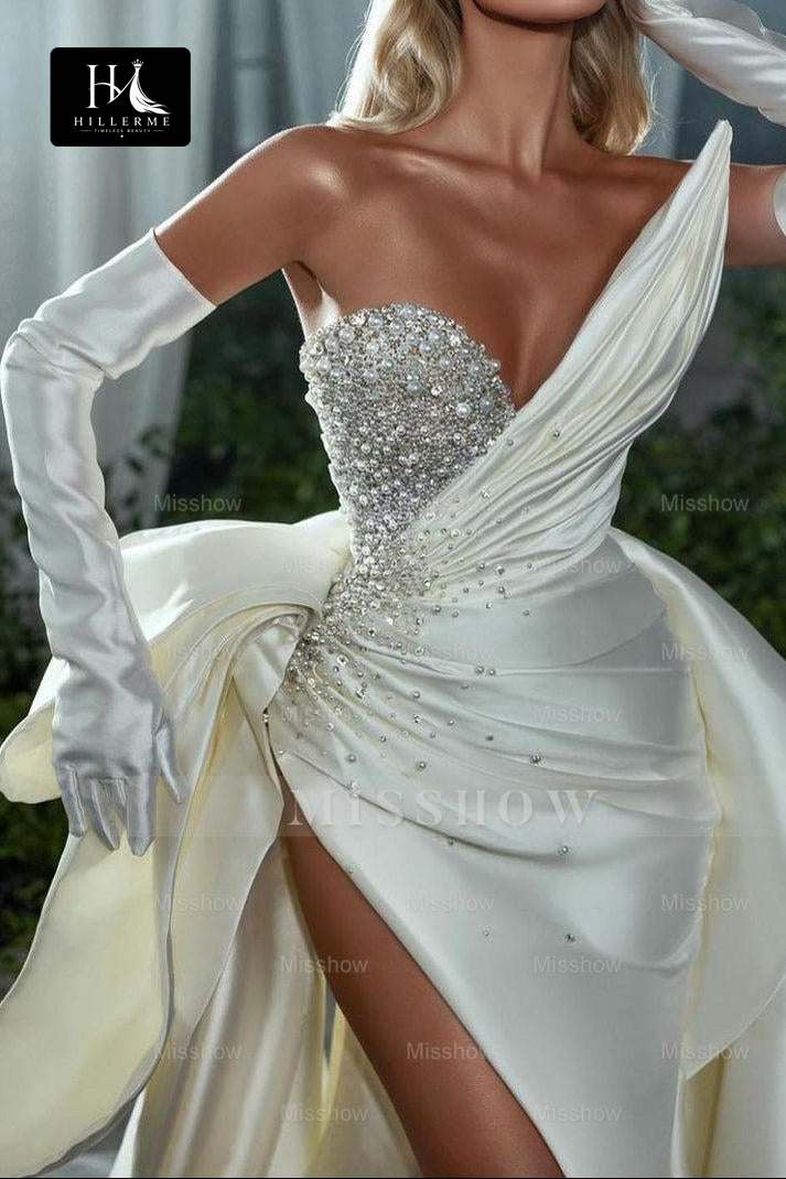 Asymmetrical-Neck Beaded Sequined Satin Mermaid Wedding Dress with Gloves