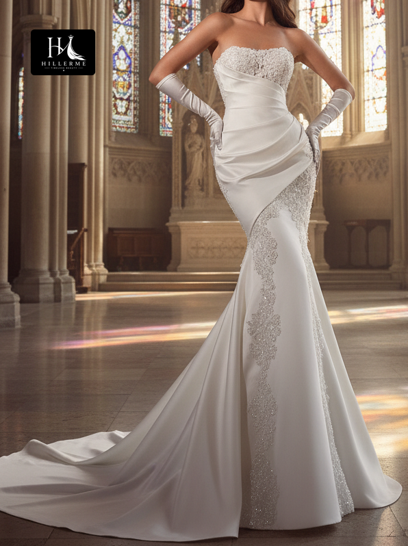 Satin Mermaid Wedding Dress with Sequined Appliqués, Sweetheart Neckline, Pleated Train and Gloves