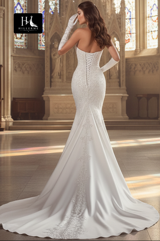 Satin Mermaid Wedding Dress with Sequined Appliqués, Sweetheart Neckline, Pleated Train and Gloves