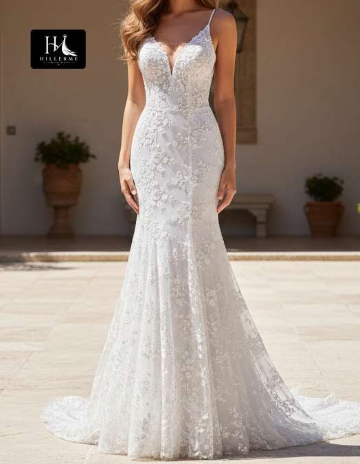 Allover Lace Appliqué Tulle Mermaid Wedding Dress with Deep V-Neck and Spaghetti Straps
