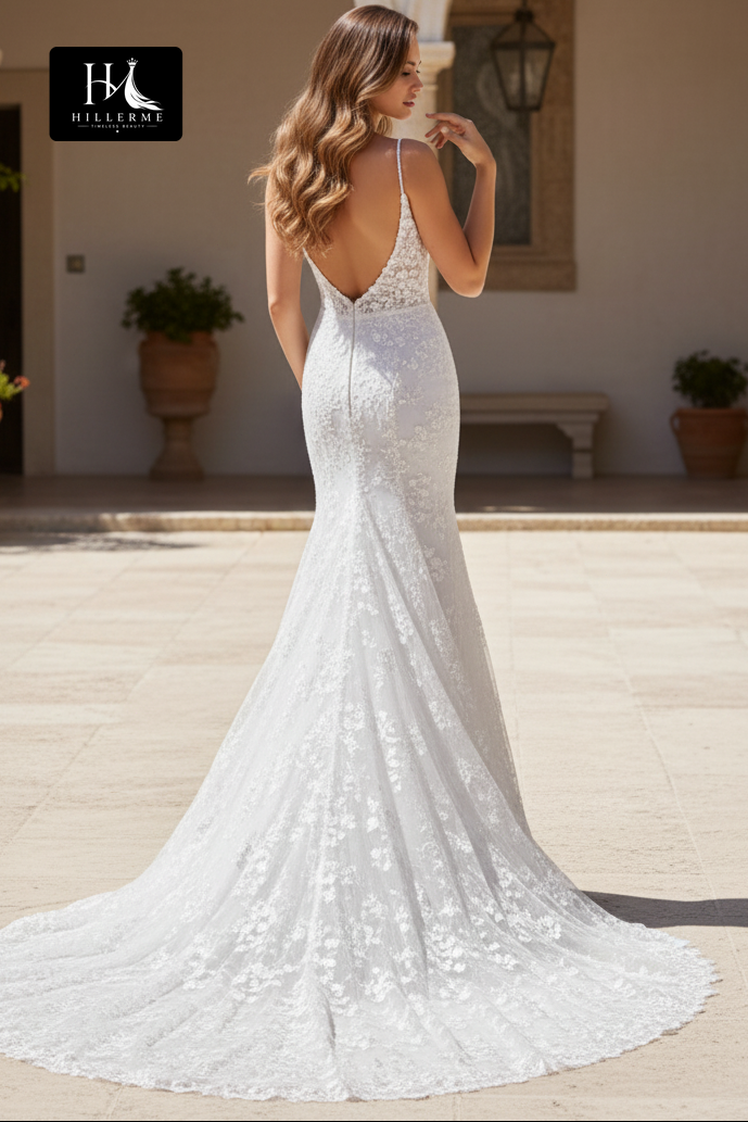 Allover Lace Appliqué Tulle Mermaid Wedding Dress with Deep V-Neck and Spaghetti Straps
