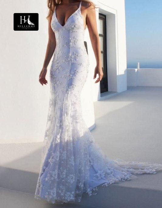 Allover Lace Appliqué Tulle Mermaid Wedding Dress with Deep V-Neck and Spaghetti Straps