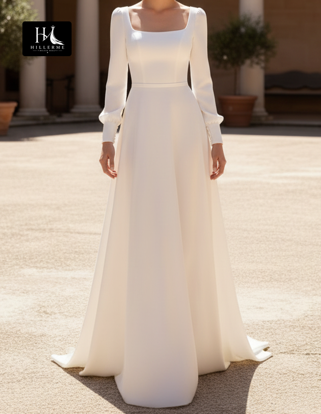 Square-Neck Chiffon A-Line Wedding Dress with Long Sleeves and Sweep Train