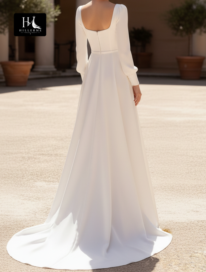 Square-Neck Chiffon A-Line Wedding Dress with Long Sleeves and Sweep Train