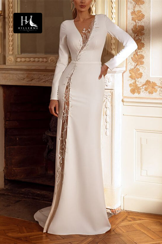 Sleek Mermaid Wedding Dress with Deep V-Neck, Long Sleeves, and Sequined Beading