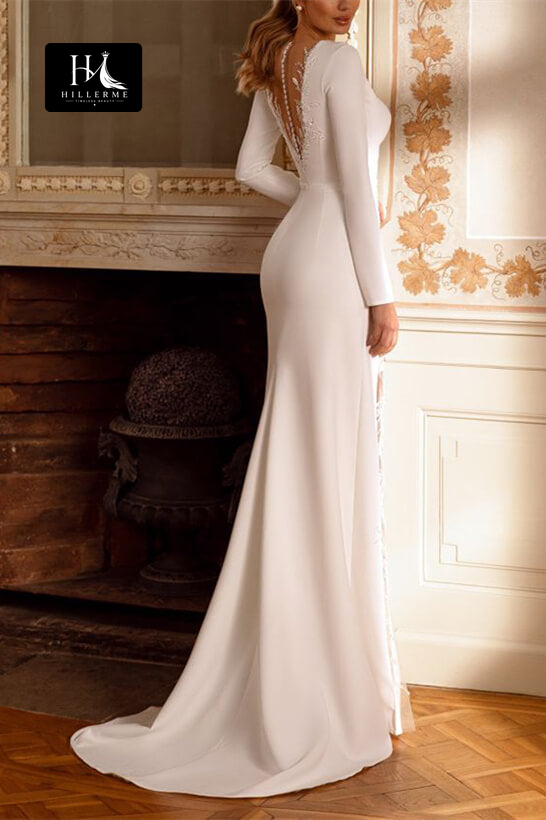Sleek Mermaid Wedding Dress with Deep V-Neck, Long Sleeves, and Sequined Beading
