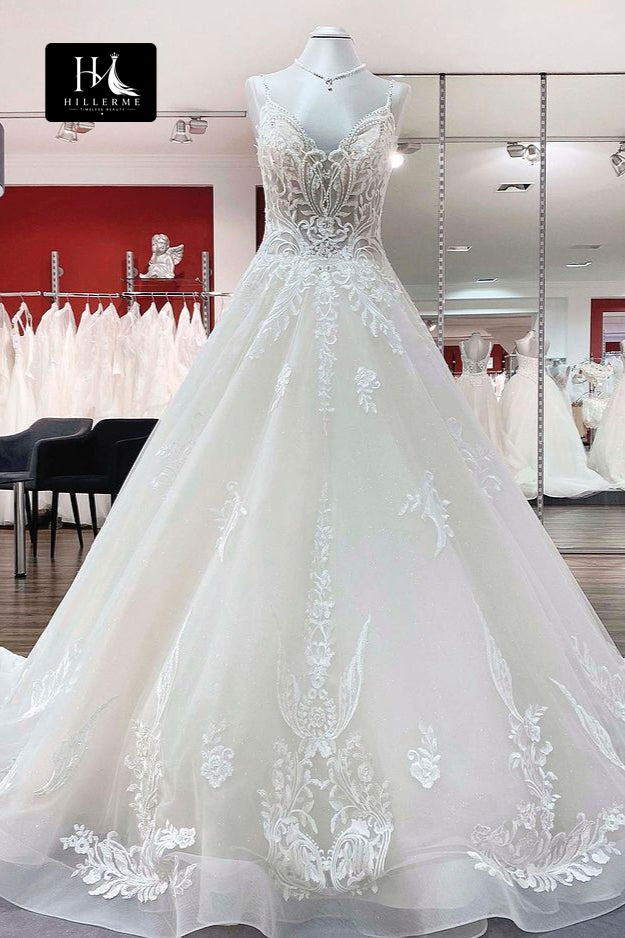 Sleeveless V-Neck A-Line Wedding Dress with Beaded Appliqués and Spaghetti Straps