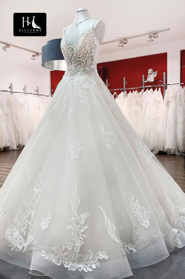 Sleeveless V-Neck A-Line Wedding Dress with Beaded Appliqués and Spaghetti Straps
