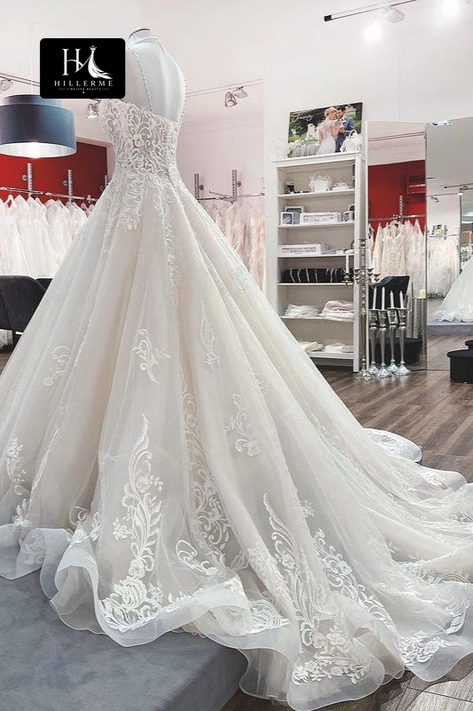 Sleeveless V-Neck A-Line Wedding Dress with Beaded Appliqués and Spaghetti Straps