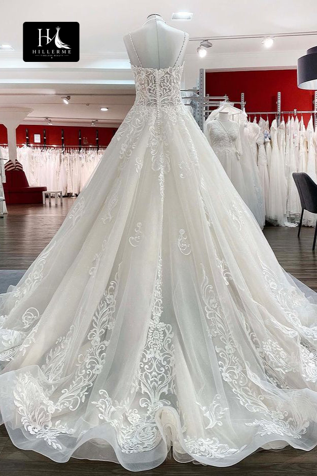 Sleeveless V-Neck A-Line Wedding Dress with Beaded Appliqués and Spaghetti Straps