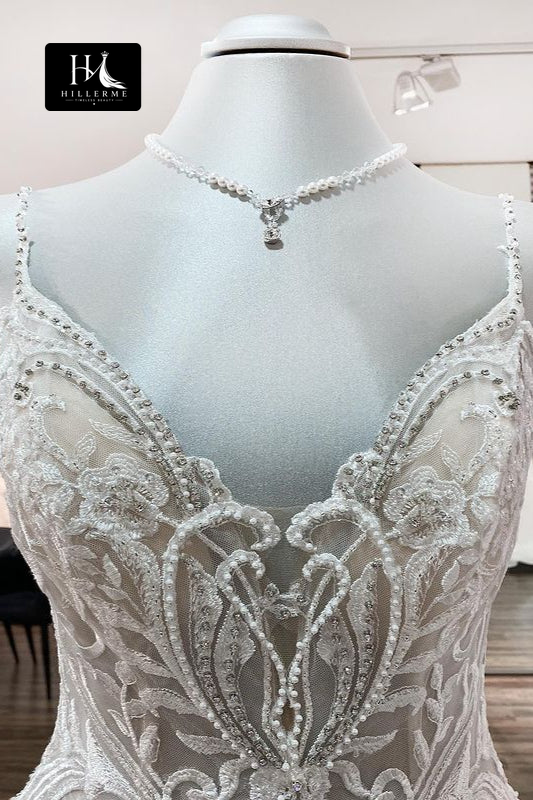 Sleeveless V-Neck A-Line Wedding Dress with Beaded Appliqués and Spaghetti Straps