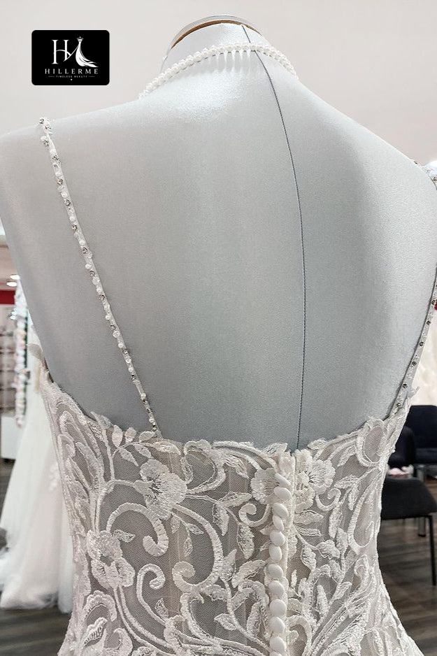Sleeveless V-Neck A-Line Wedding Dress with Beaded Appliqués and Spaghetti Straps