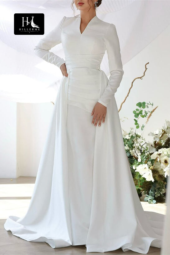 Floor-Length Mermaid Wedding Dress with V-Neck, Long Sleeves, Satin Pleating and Detachable Overskirt