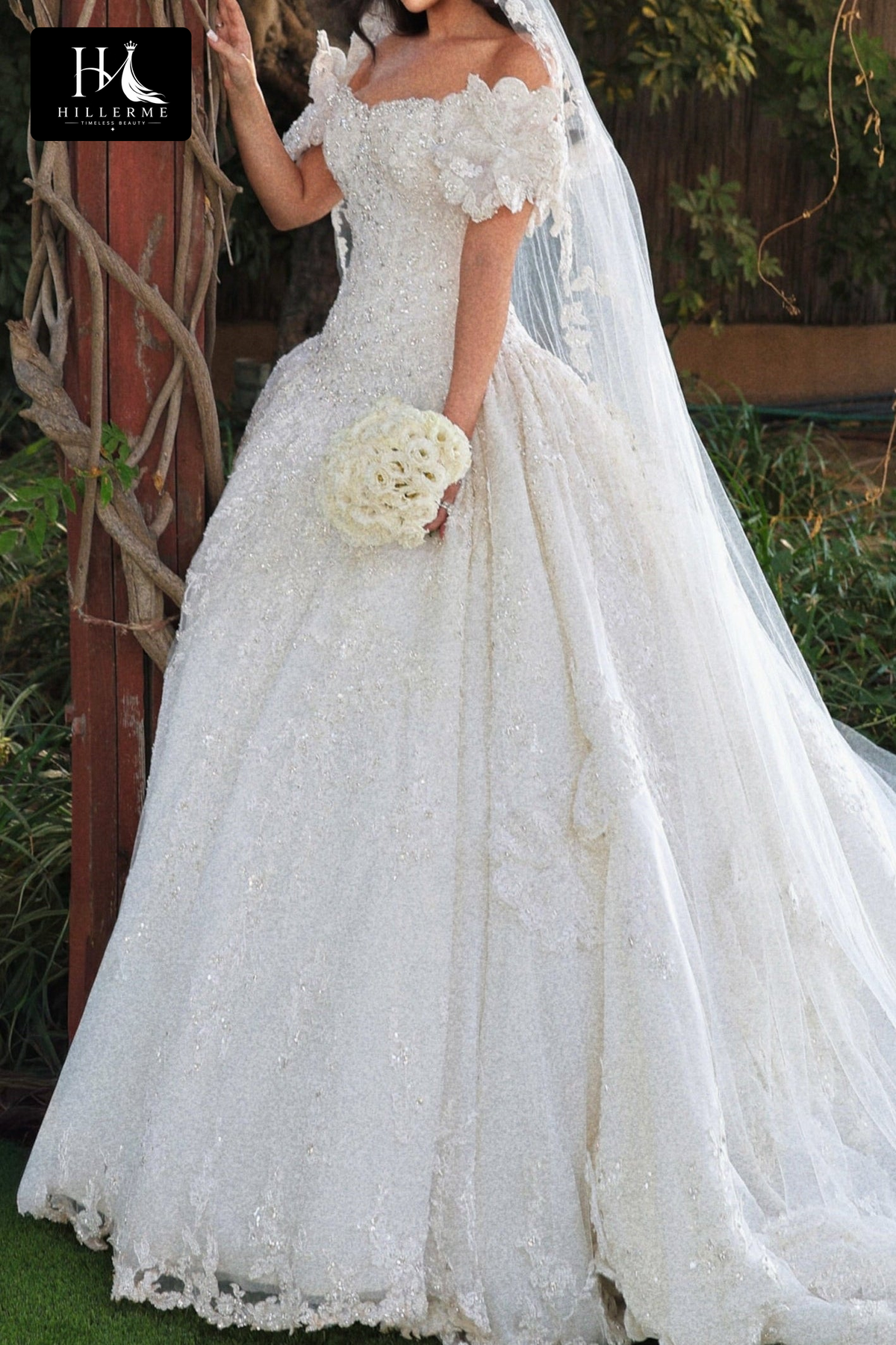 Elegant Beaded Ball Gown Wedding Dress with Cathedral Train and Veil