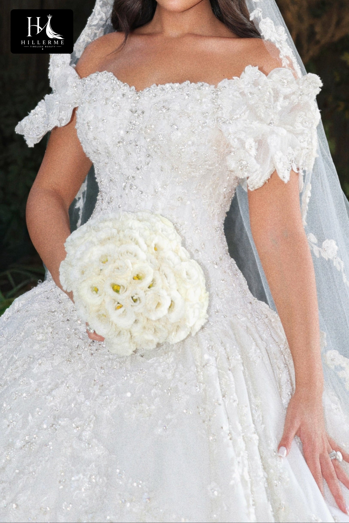 Elegant Beaded Ball Gown Wedding Dress with Cathedral Train and Veil