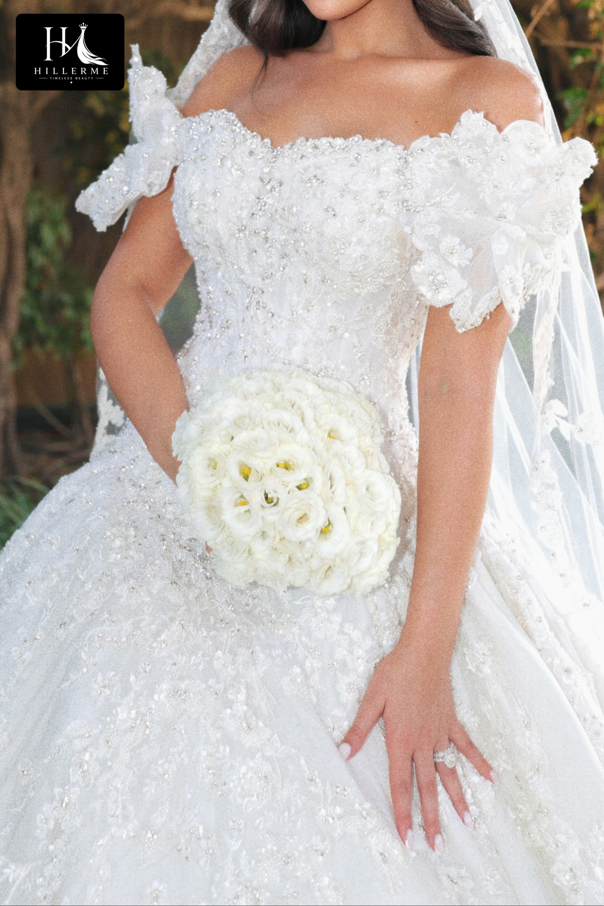 Elegant Beaded Ball Gown Wedding Dress with Cathedral Train and Veil
