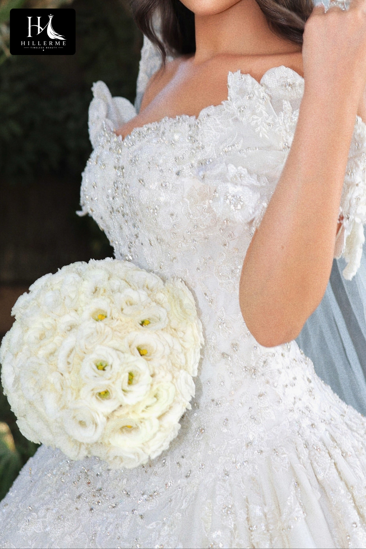 Elegant Beaded Ball Gown Wedding Dress with Cathedral Train and Veil